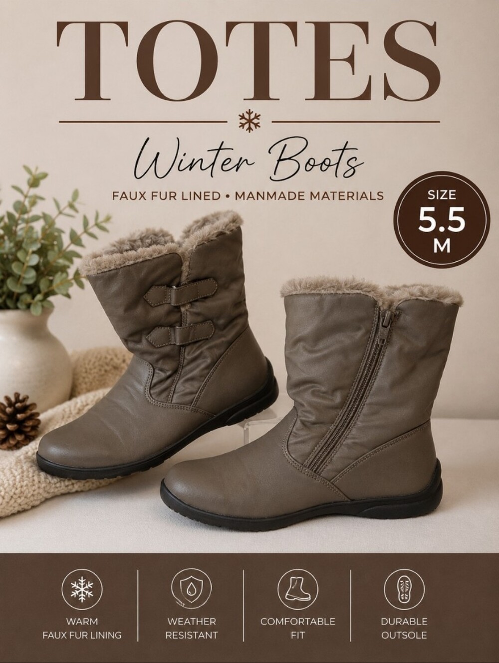 TOTES Winter Faux Fur Manmade Materials Boots 5.5M
